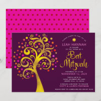 Bat Mitzvah Burgundy Gold Foil Modern Tree of Life