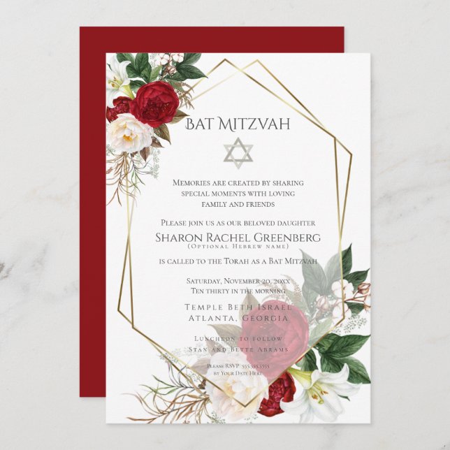 BAT MITZVAH  | Burgundy Peony Verse 3 Invitation (Front/Back)