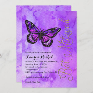 Bat Mitzvah Butterfly Purple and Pink Painted Invitation