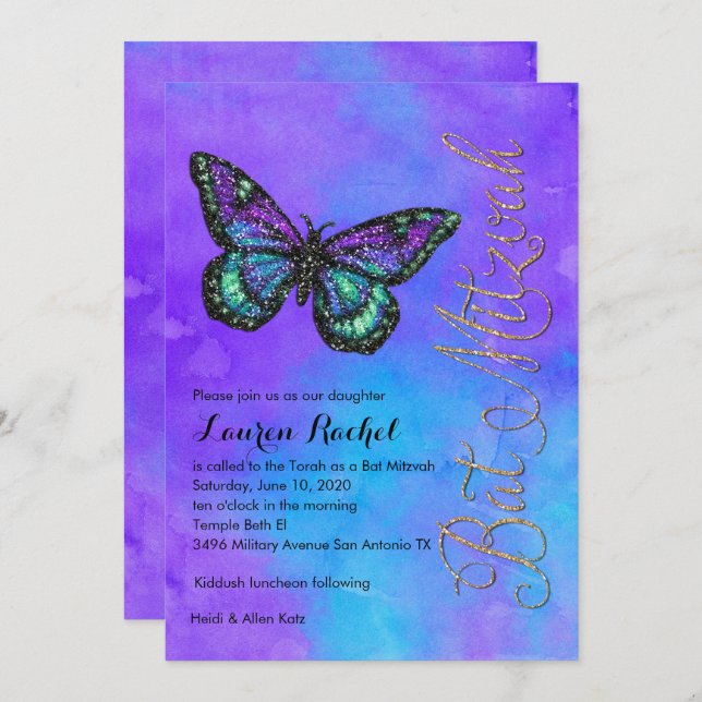 Bat Mitzvah Butterfly Purple and Turquoise Painted Invitation (Front/Back)