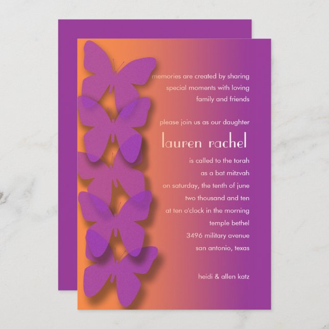 Bat Mitzvah Butterfly Purple Orange Ombre Invitation (Front/Back)