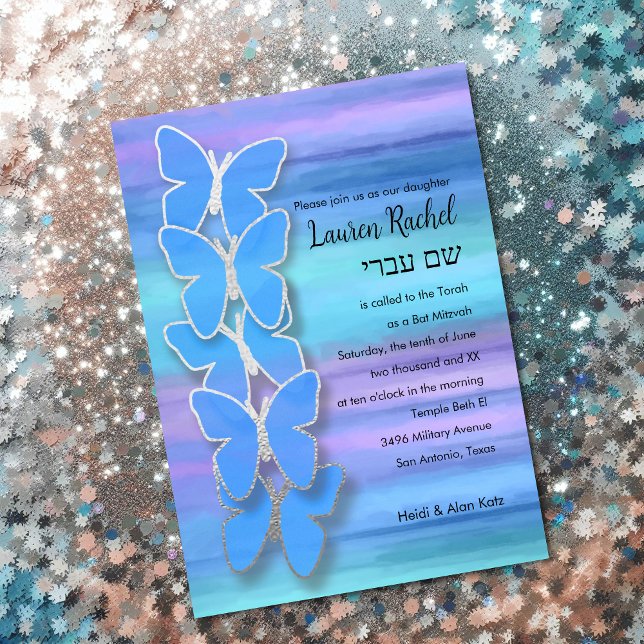 Bat Mitzvah Butterfly Turquoise Purple Watercolor Invitation (Creator Uploaded)