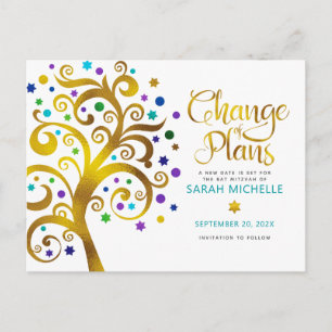 Bat Mitzvah Change of Plans Gold Teal Tree of Life Invitation Postcard