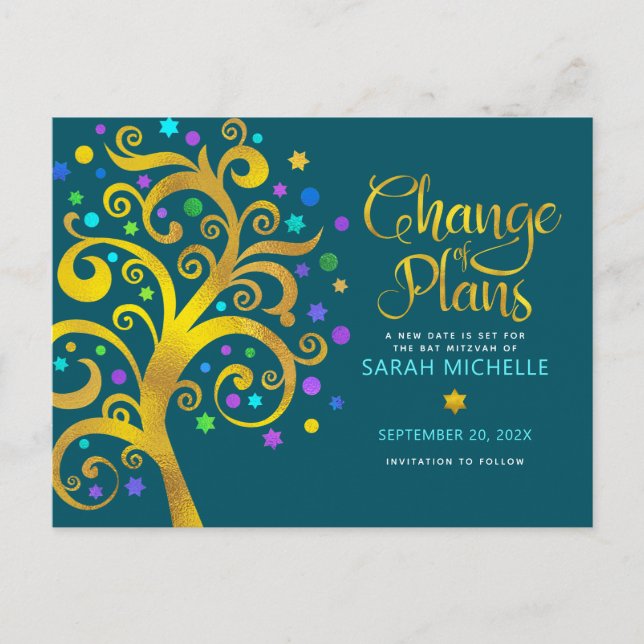 Bat Mitzvah Change of Plans Gold Tree of Life Teal Invitation Postcard (Front)