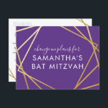 Bat Mitzvah Change of Plans Modern Gold Purple Announcement Postcard<br><div class="desc">Modern, trendy, and elegant purple and gold Bat Mitzvah postcard to announce a celebration or ceremony change in plans to a virtual event, with a modern abstract geometric squares border. Easily personalise this affordable "change the date or plans" postcard for your Virtual Bat Mitzvah with custom name, date, and details...</div>