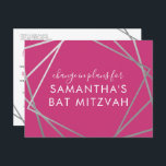 Bat Mitzvah Change of Plans Modern Pink Silver Announcement Postcard<br><div class="desc">Modern, trendy, and elegant bright hot pink and silver Bat Mitzvah postcard to announce a celebration or ceremony change in plans to a virtual event, with a modern abstract geometric squares border. Easily personalise this affordable "change the date or plans" postcard for your Virtual Bat Mitzvah with custom name, date,...</div>