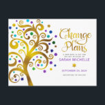 Bat Mitzvah Change Plans Gold Tree of Life Purple Invitation Postcard<br><div class="desc">Make sure all your friends and relatives will still be able to celebrate your daughter’s milestone Bat Mitzvah, regardless of current global unforeseen circumstances. Send out this stunning, graphic faux gold foil tree with sparkly turquoise, teal, purple and blue Star of David and dot “leaves” on a white background, personalised...</div>
