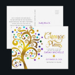 Bat Mitzvah Change Plans Gold Tree of Life Purple Invitation Postcard<br><div class="desc">Make sure all your friends and relatives will still be able to celebrate your daughter’s milestone Bat Mitzvah, regardless of current global unforeseen circumstances. Send out this stunning, graphic faux gold foil tree with sparkly turquoise, teal, purple and blue Star of David and dot “leaves” on a white background, personalised...</div>