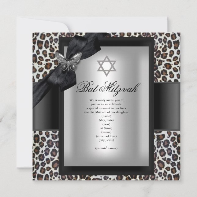 Bat Mitzvah Cheetah Black Butterfly Invitation (Front)
