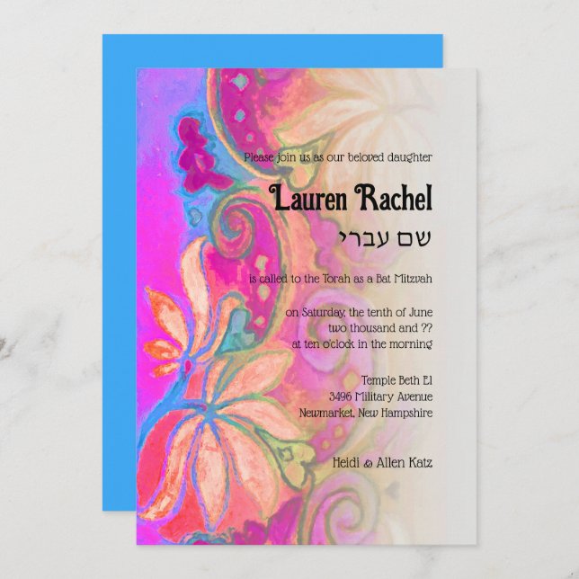 Bat Mitzvah Colourful Boho Floral Watercolor Invitation (Front/Back)