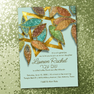 Bat Mitzvah Colourful Glittery Petals Aqua Brown Invitation