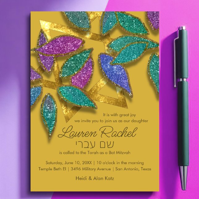 Bat Mitzvah Colourful Glittery Petals over Star Invitation (Creator Uploaded)