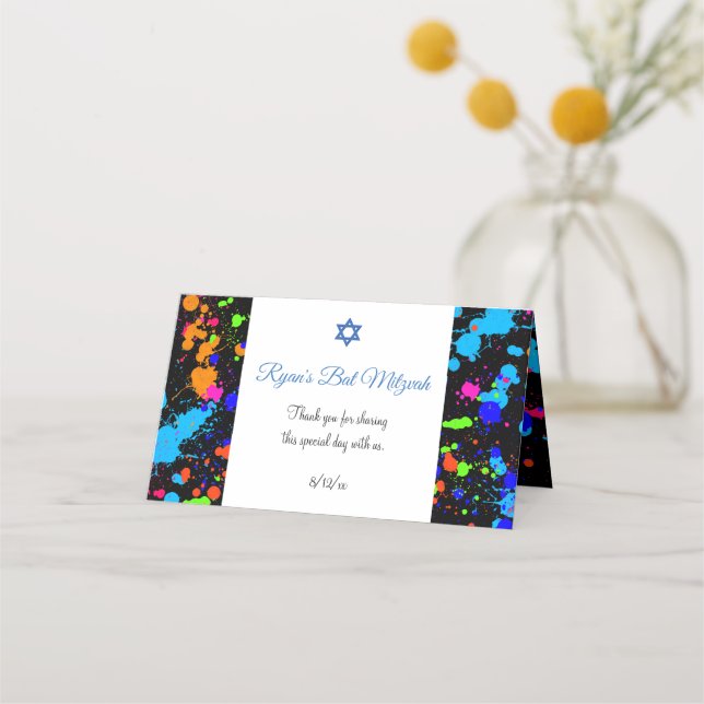Bat Mitzvah, Colourful Paint Splatter, Custom Place Card (Front)
