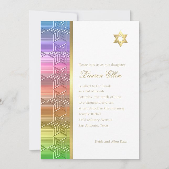 Bat Mitzvah Colourful Rainbow Star Damask Invitation (Front)