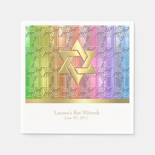 Bat Mitzvah Colourful Rainbow Star Damask Napkin (Front)