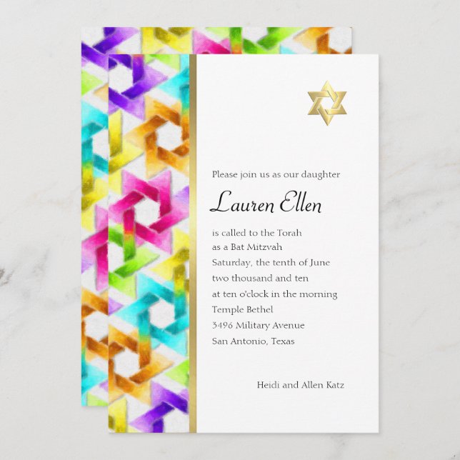 Bat Mitzvah Colourful Star Damask Invitation (Front/Back)