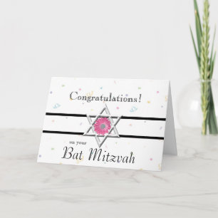 Bat Mitzvah Congratulations-Star of David+Flower Card