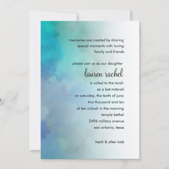 Bat Mitzvah Cool Colours Aqua Blue Purple White Invitation (Front)