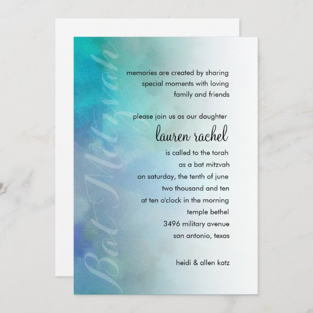 Bat Mitzvah Cool Colours Aqua Blue Purple White Invitation (Front/Back)