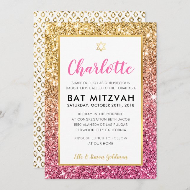 BAT MITZVAH cool luxe pink gold glitter invite (Front/Back)