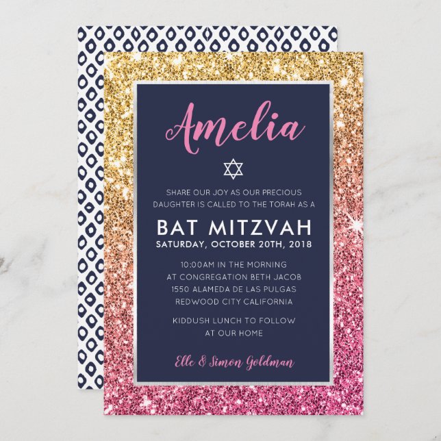 BAT MITZVAH cool navy pink gold glitter invite (Front/Back)