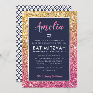 BAT MITZVAH cool navy pink gold glitter invite