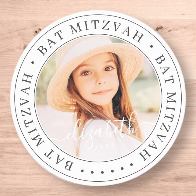 Bat Mitzvah Custom Modern Elegant Chic Photo Classic Round Sticker (Creator Uploaded)