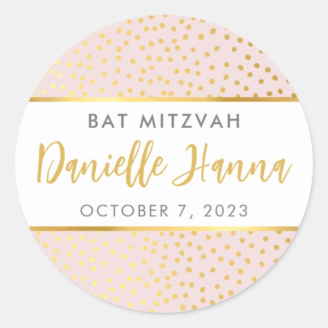 Bat Mitzvah cute blush pink gold polka dots Classic Round Sticker (Front)