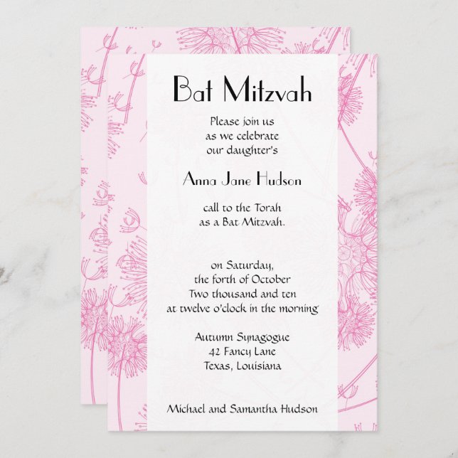 Bat Mitzvah - Dandelion Plants, Florets - Pink Invitation (Front/Back)
