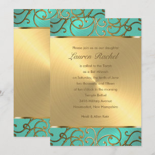 Bat Mitzvah Elegant Aqua Green Gold Filigree Invitation
