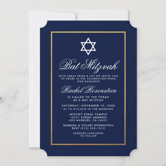 Bat Mitzvah Elegant Blue and Gold Invitation (Front)