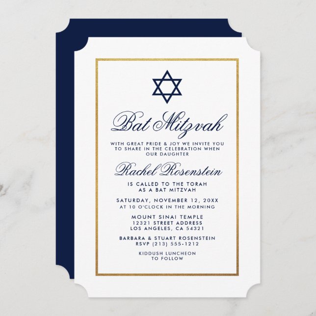 Bat Mitzvah Elegant Blue Gold Invitation (Front/Back)