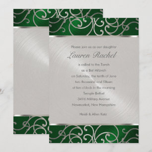 Bat Mitzvah Elegant Emerald Green Silver Filigree Invitation