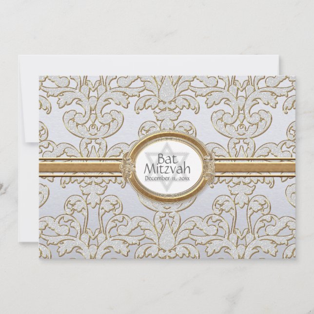 Bat Mitzvah - Elegant Floral Leaf Damask Baroque Invitation (Front)