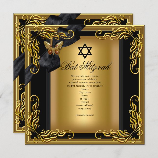 Bat Mitzvah Elegant Gold Black Butterfly Invitation (Front/Back)