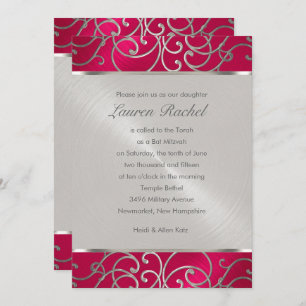 Bat Mitzvah Elegant Magenta Pink Silver Filigree Invitation
