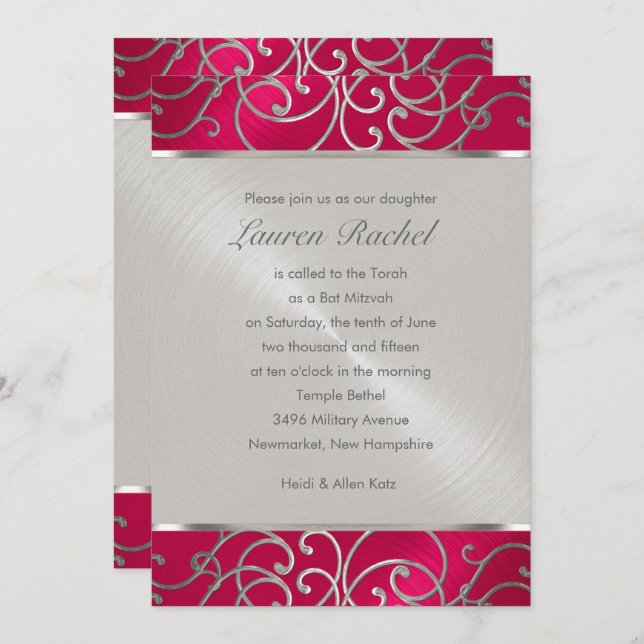 Bat Mitzvah Elegant Magenta Pink Silver Filigree Invitation (Front/Back)