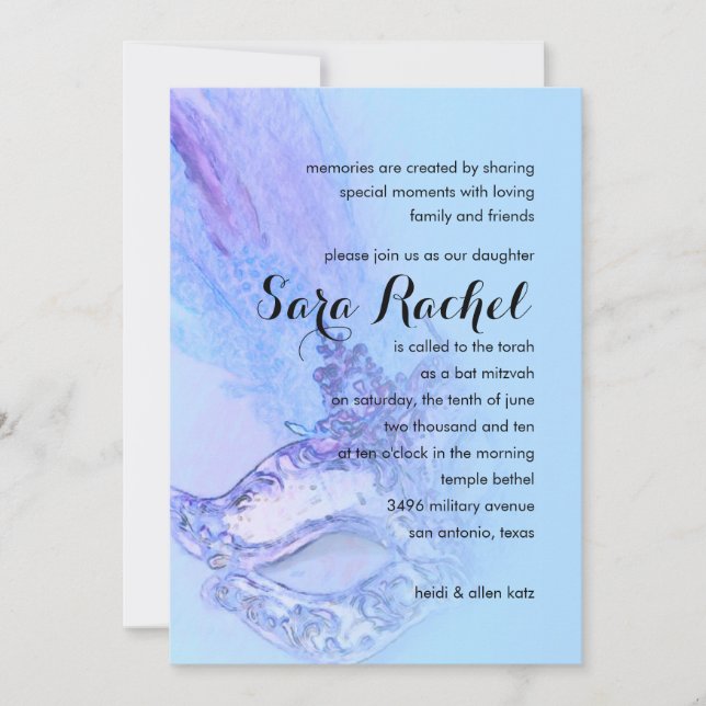 Bat Mitzvah Elegant Masquerade Blue and Purple Invitation (Front)