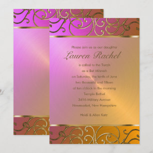 Bat Mitzvah Elegant Orange Pink Gold Filigree Invitation