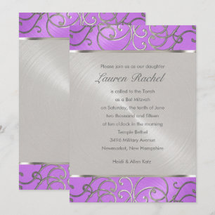 Bat Mitzvah Elegant Orchid Purple Silver Filigree Invitation
