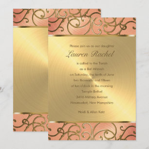Bat Mitzvah Elegant Peach and Gold Filigree Invitation