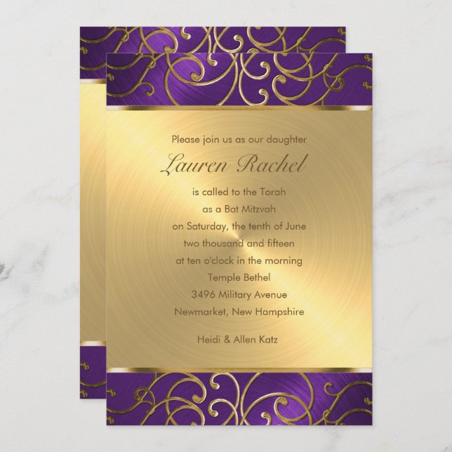 Bat Mitzvah Elegant Purple and Gold Filigree Invitation (Front/Back)