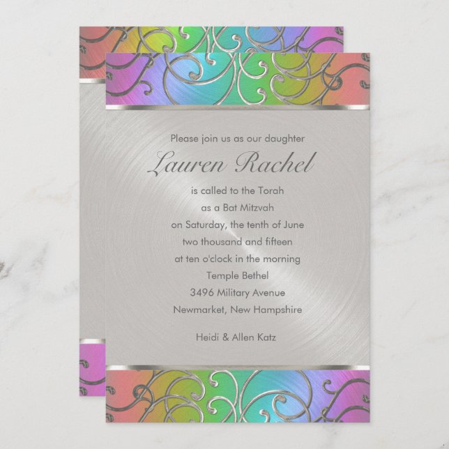 Bat Mitzvah Elegant Rainbow and Silver Filigree Invitation (Front/Back)