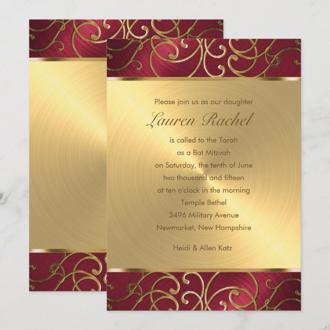 Bat Mitzvah Elegant Red and Gold Filigree Invitation (Front/Back)