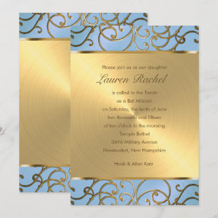 Bat Mitzvah Elegant Sky Blue and Gold Filigree Invitation