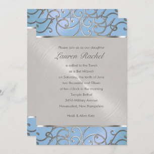 Bat Mitzvah Elegant Sky Blue and Silver Filigree Invitation