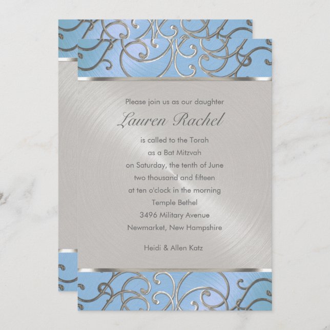 Bat Mitzvah Elegant Sky Blue and Silver Filigree Invitation (Front/Back)