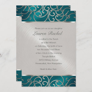Bat Mitzvah Elegant Teal Blue and Silver Filigree Invitation