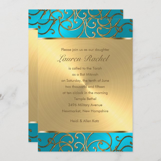 Bat Mitzvah Elegant Turquoise Blue Gold Filigree Invitation (Front/Back)