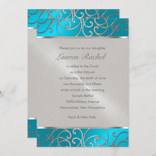Bat Mitzvah Elegant Turquoise Blue Silver Filigree Invitation (Front/Back)